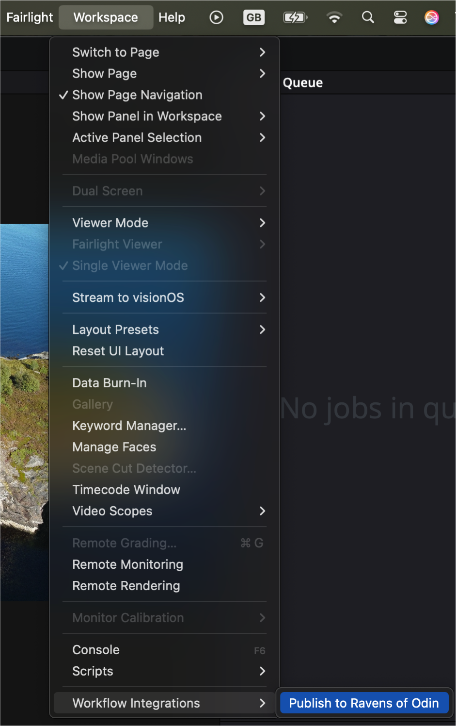 Finding the plugin in DaVinci Resolve's Workspace menu