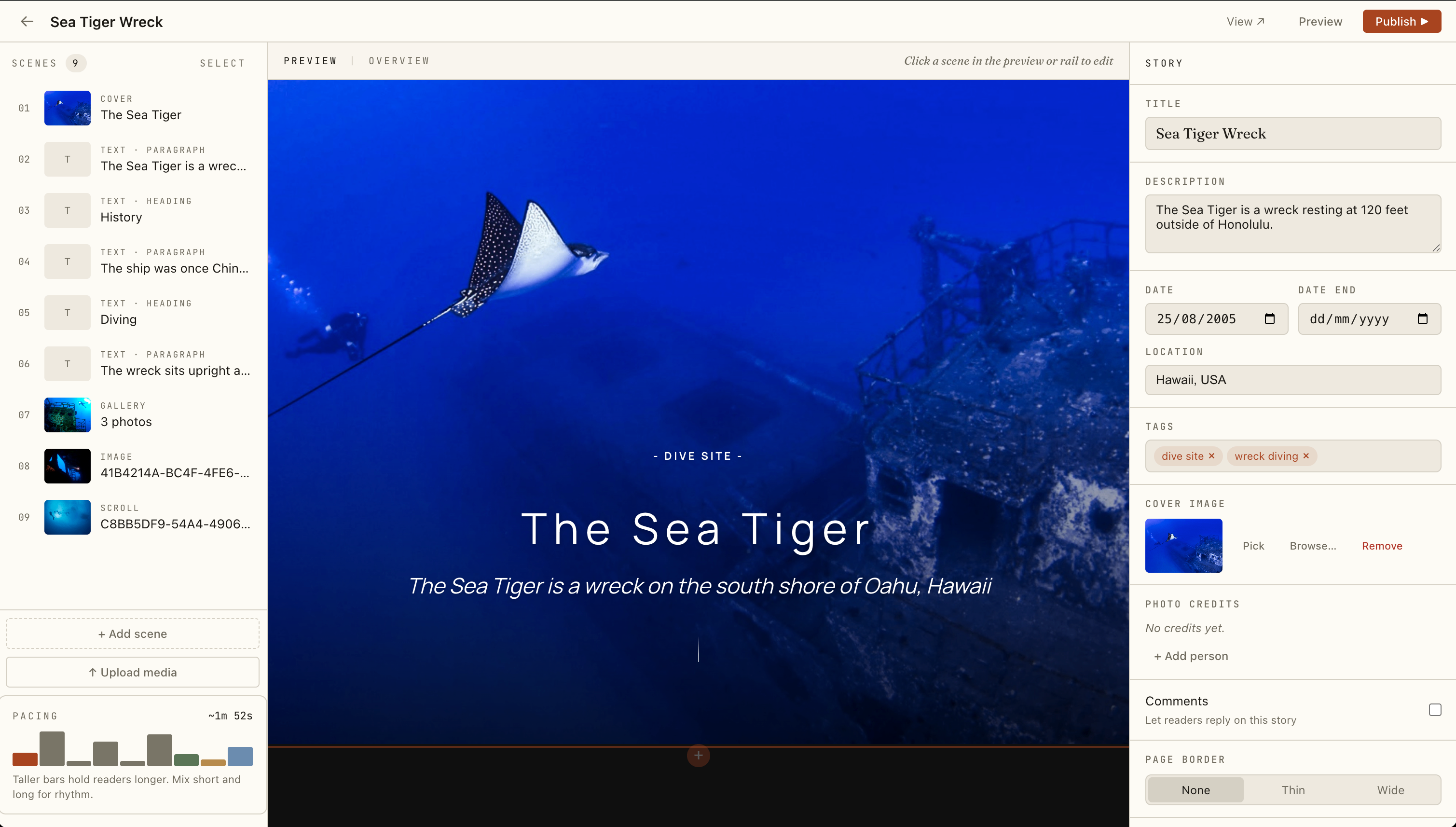 The Ravens story editor — three-panel layout with scene rail, canvas, and inspector.
